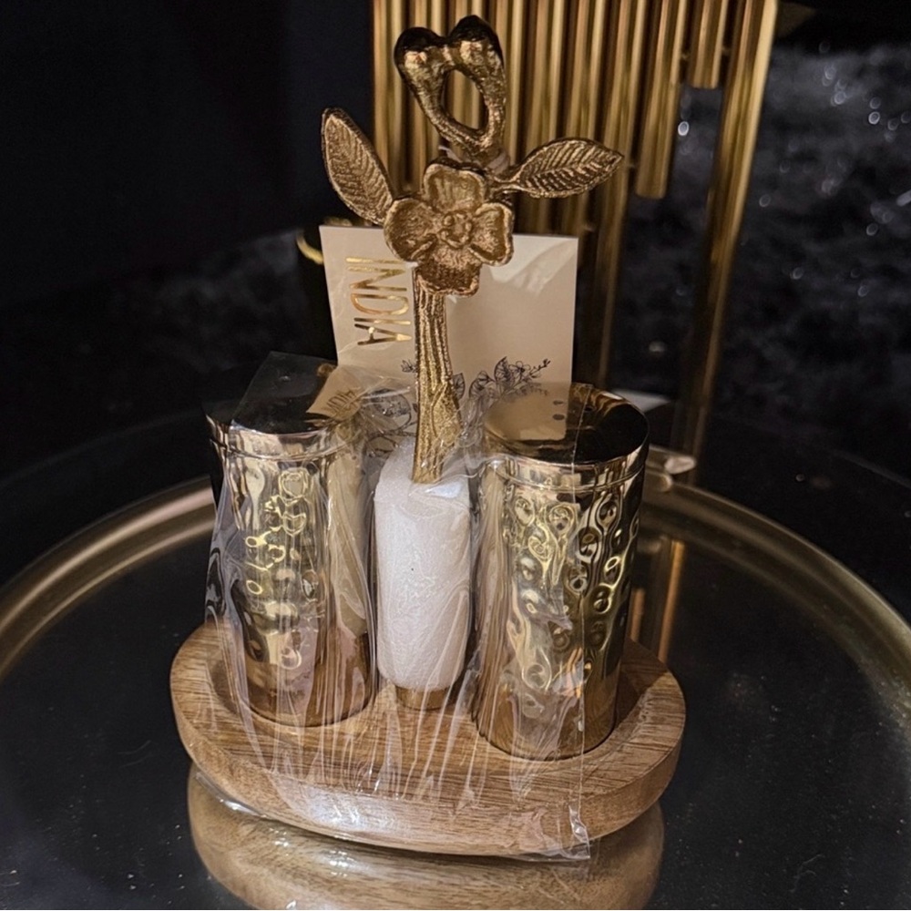 Gold Hammered Glass Salt & Pepper Set with Wood Base